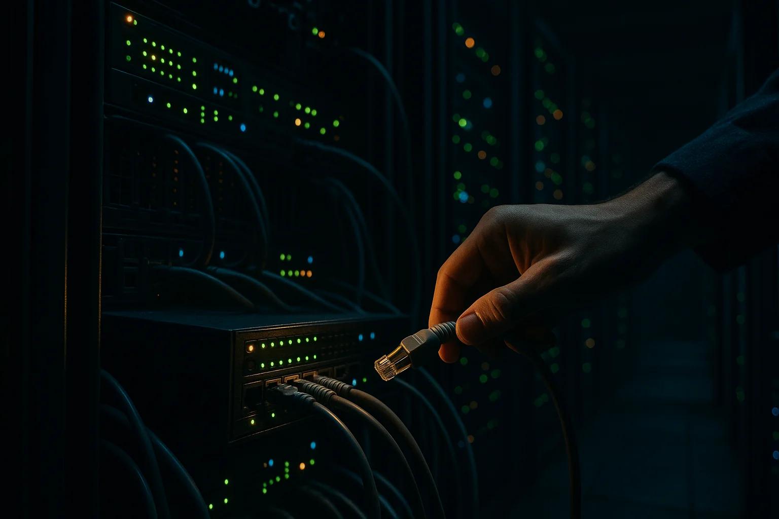 A hand connecting an Ethernet cable to a server