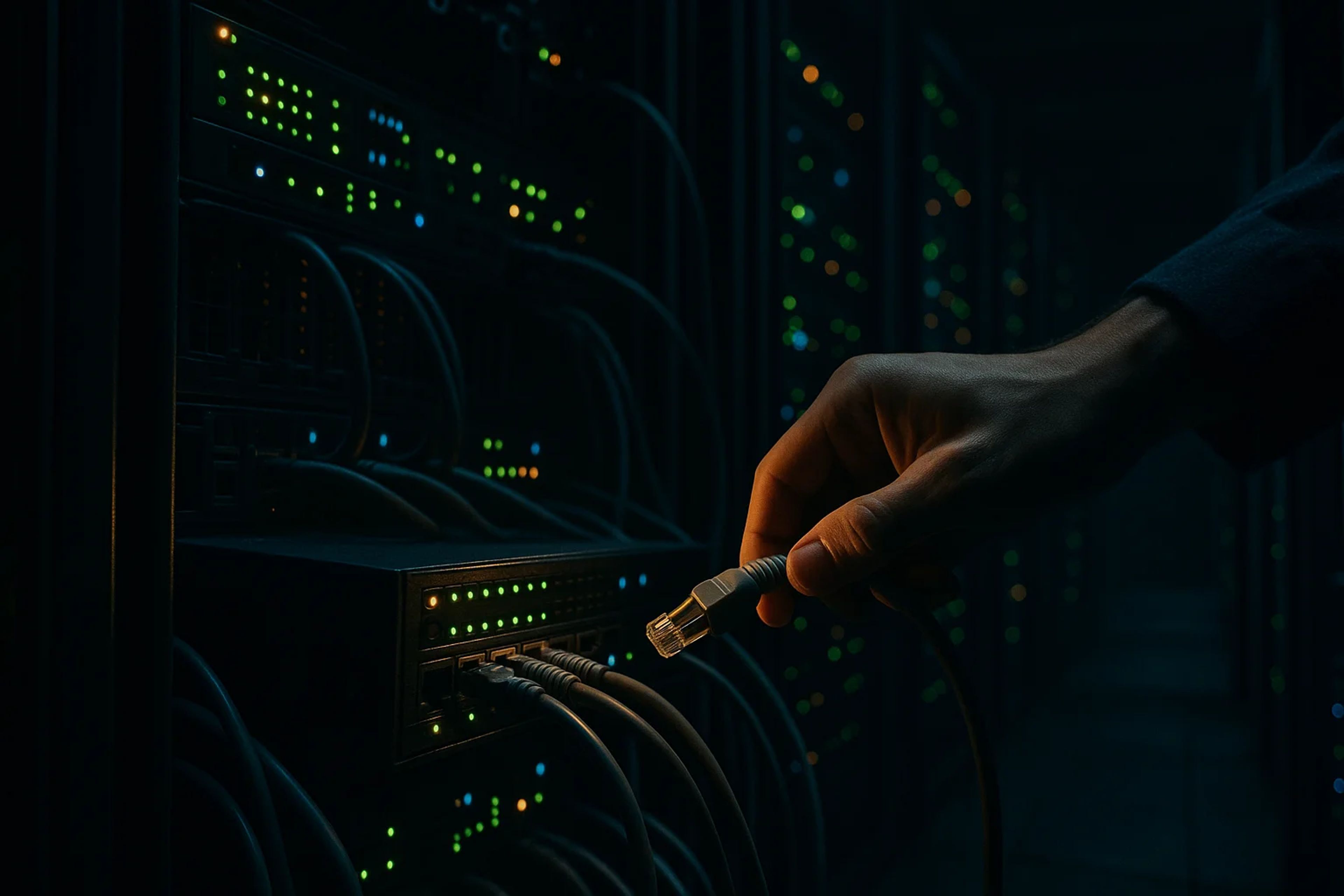 A hand connecting an Ethernet cable to a server