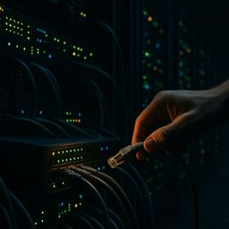 A hand connecting an Ethernet cable to a server