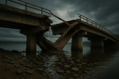 A partially collapsed bridge over a river, with