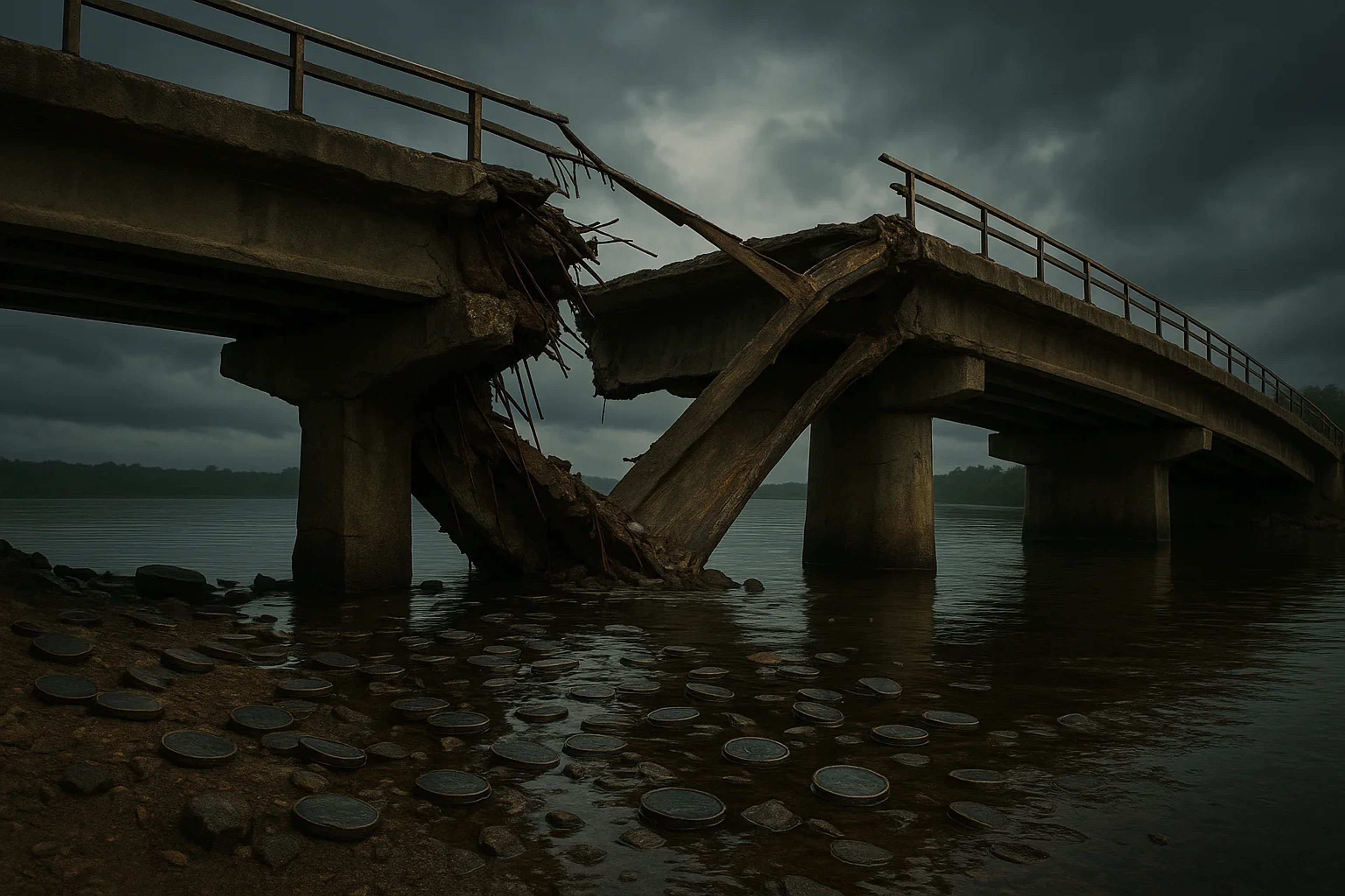 A partially collapsed bridge over a river, with
