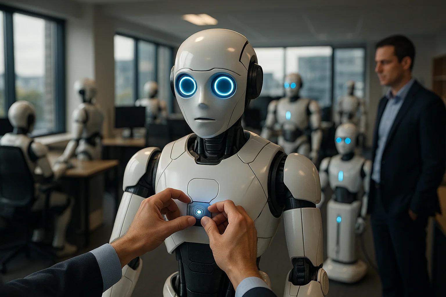 A humanoid robot with glowing blue eyes stands in