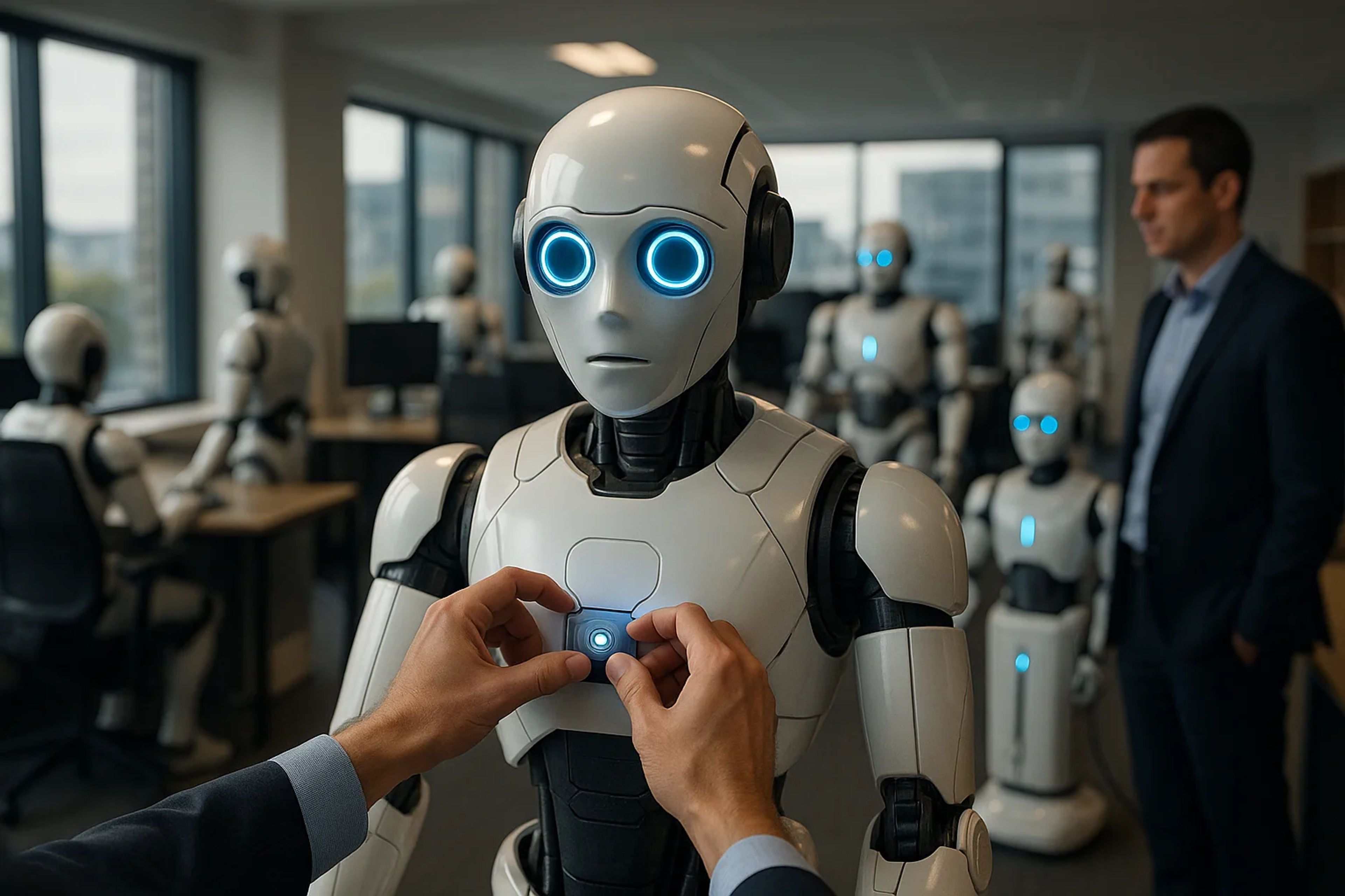 A humanoid robot with glowing blue eyes stands in