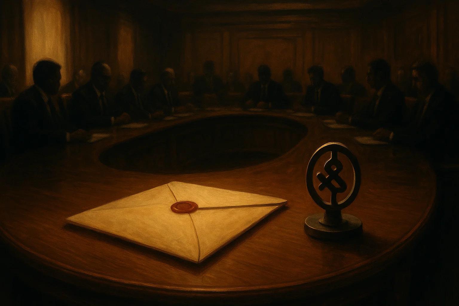Dimly lit conference room with a large table