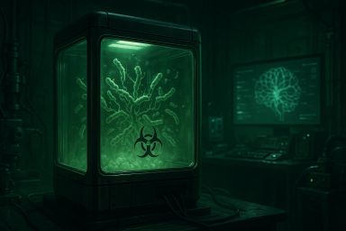 A glowing green biohazard container with a
