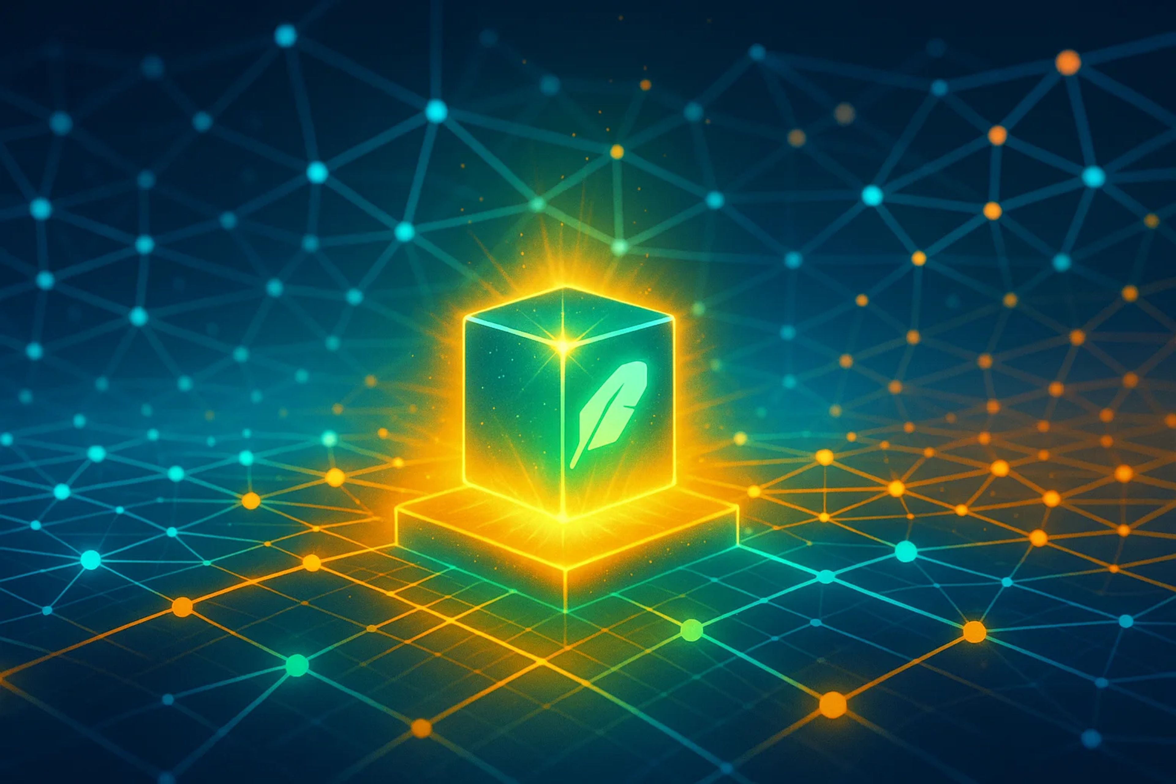 Glowing cube with a feather icon on a grid