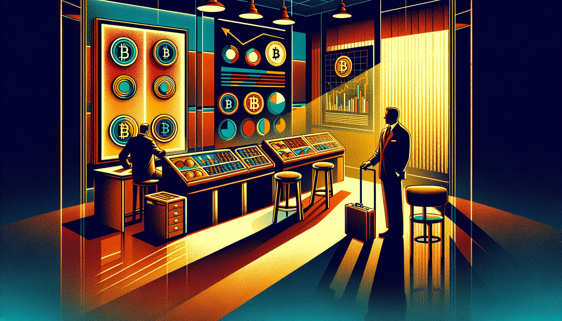 A stylized room with cryptocurrency charts and