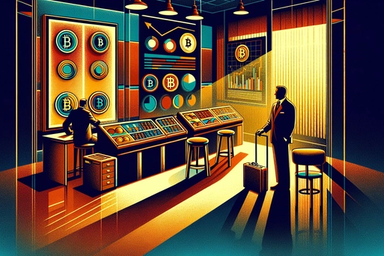 A stylized room with cryptocurrency charts and
