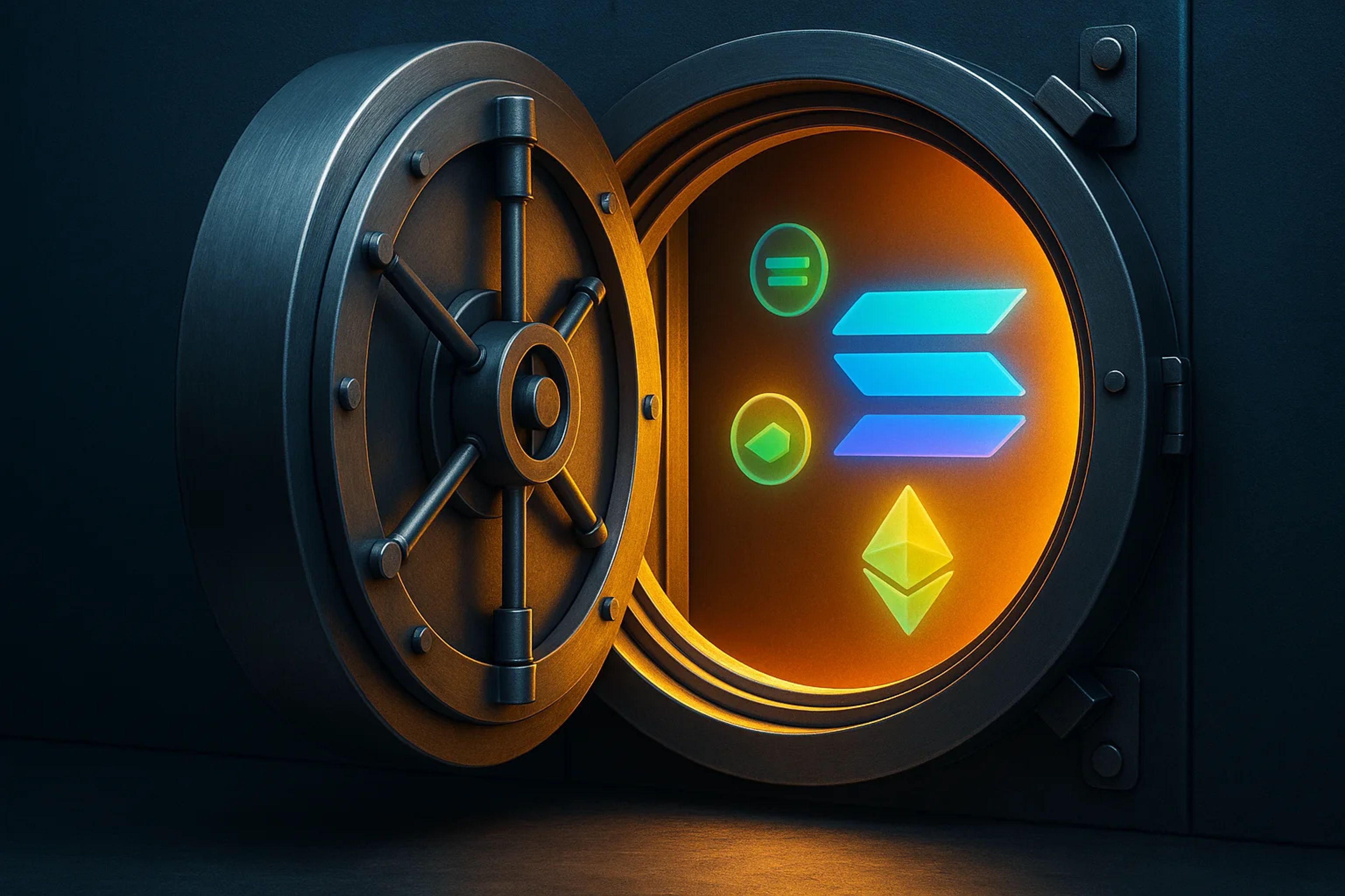 Open vault with glowing cryptocurrency symbols