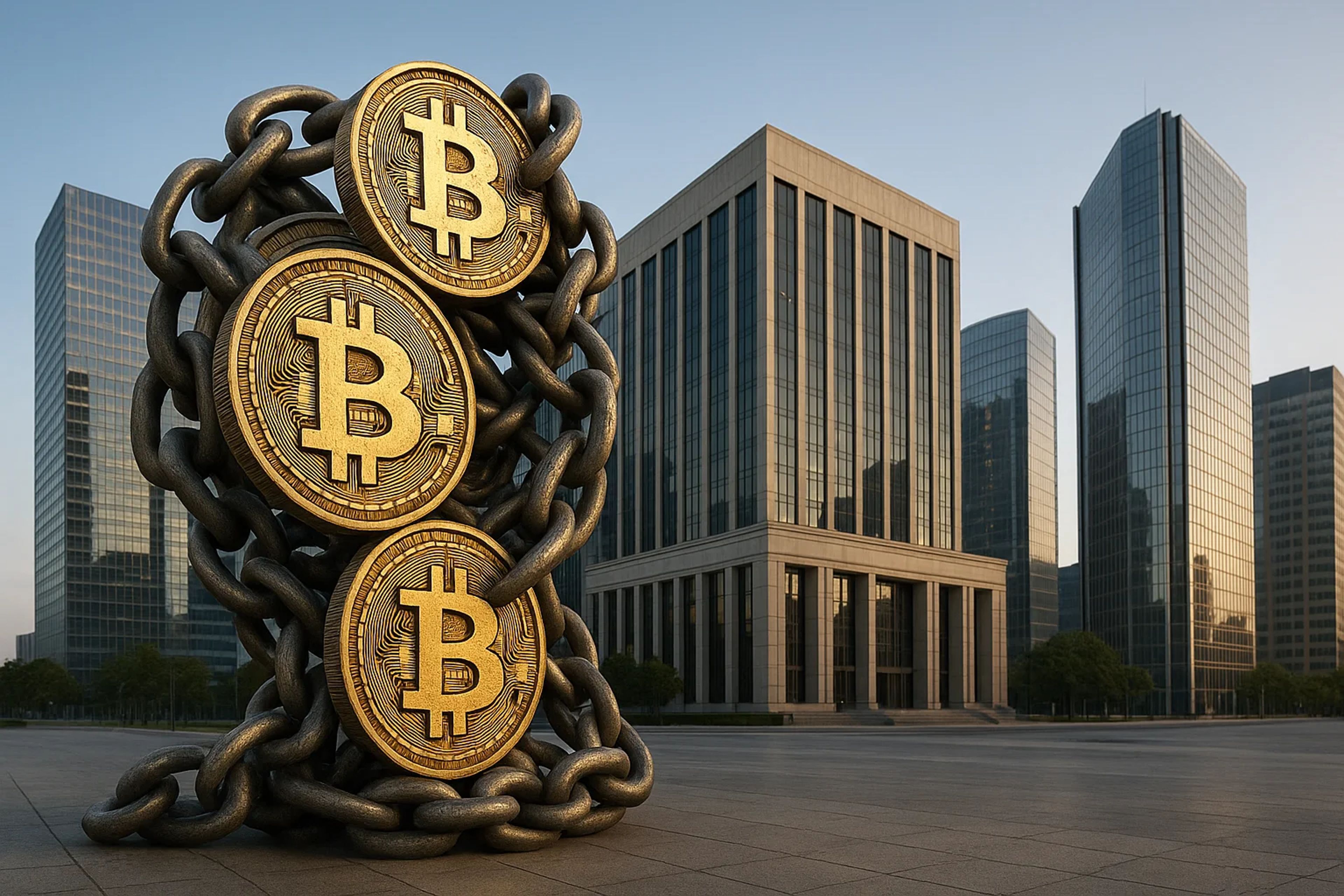 Large golden Bitcoin symbols linked by a chain in