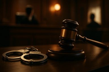 A gavel and handcuffs on a wooden table in a
