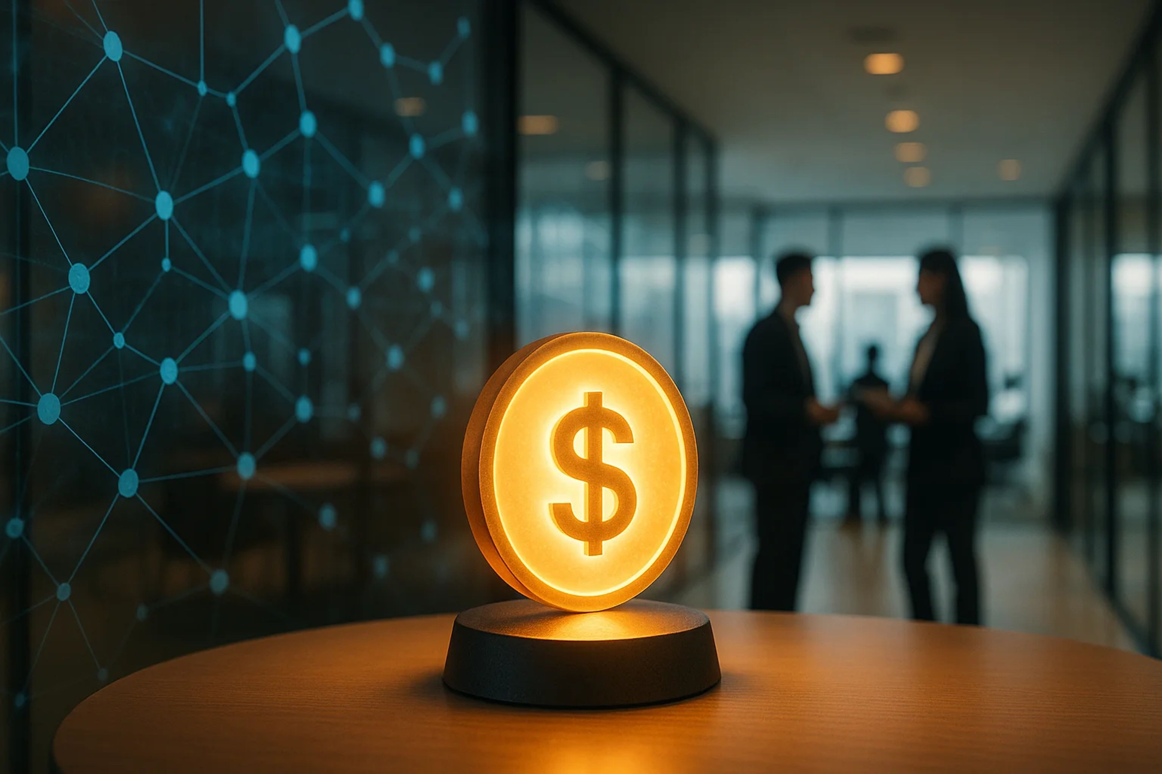 Glowing dollar sign on a table with blurred