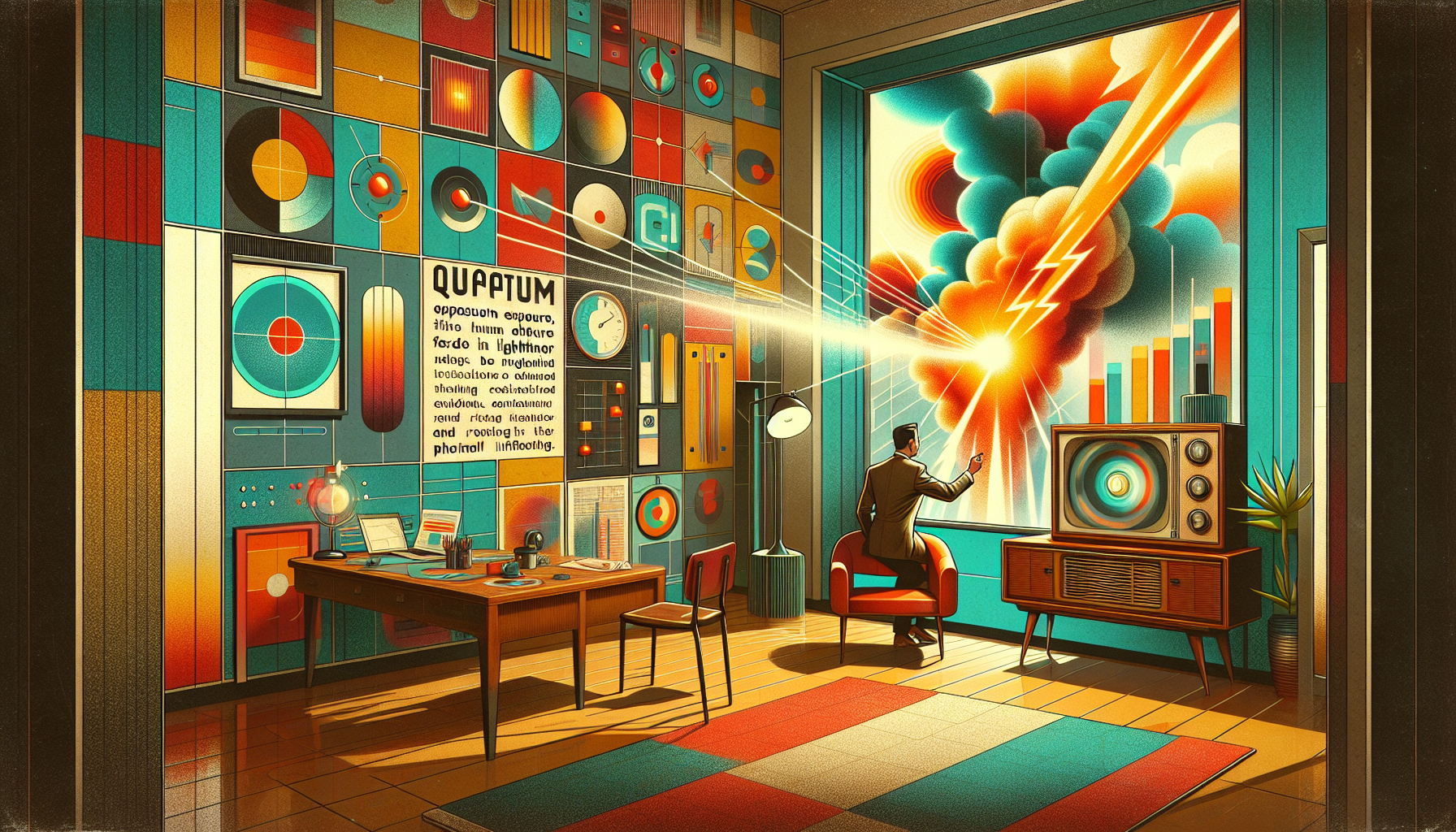 A retro-styled room with colorful wall art, a man