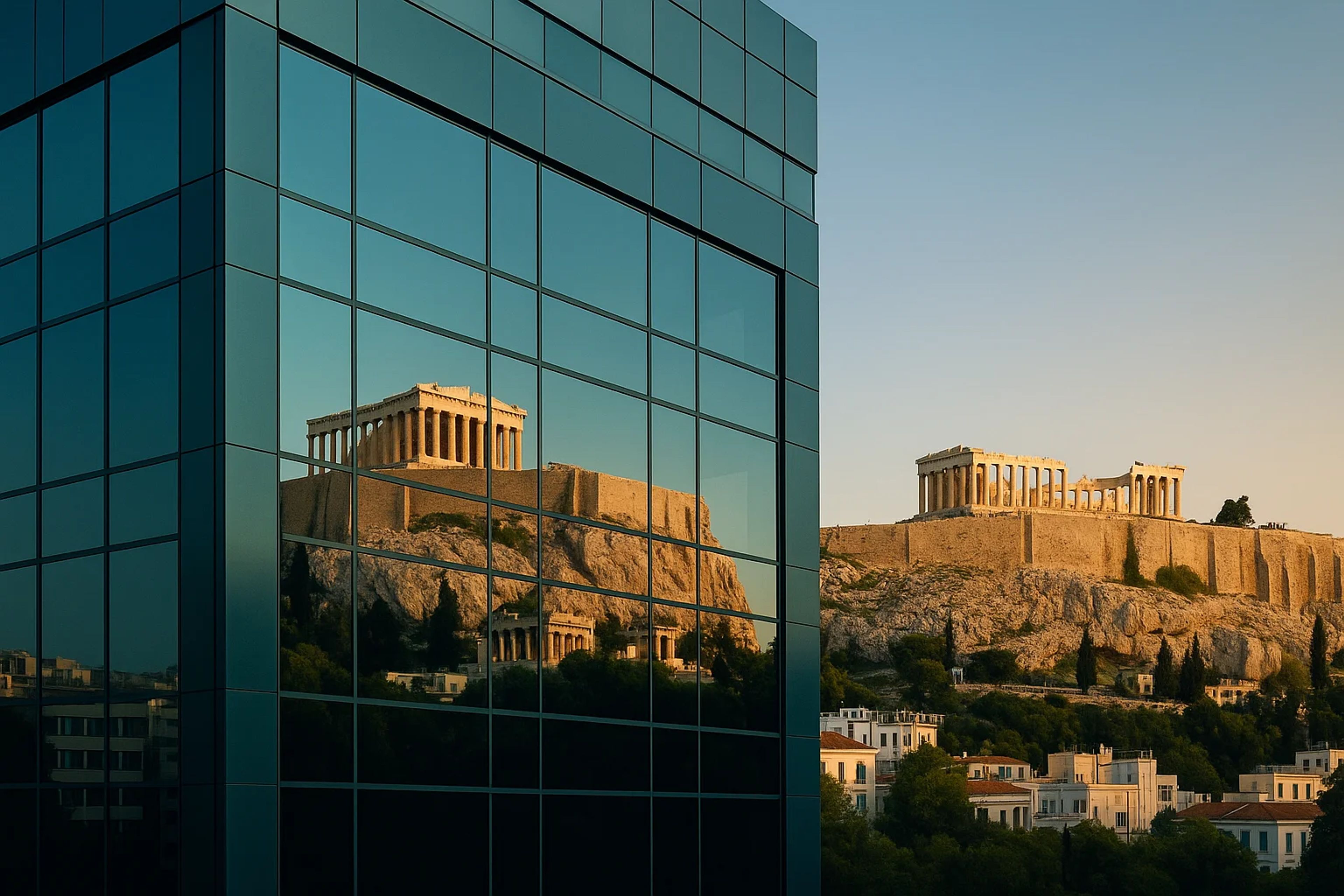 Modern glass building reflecting ancient Acropolis