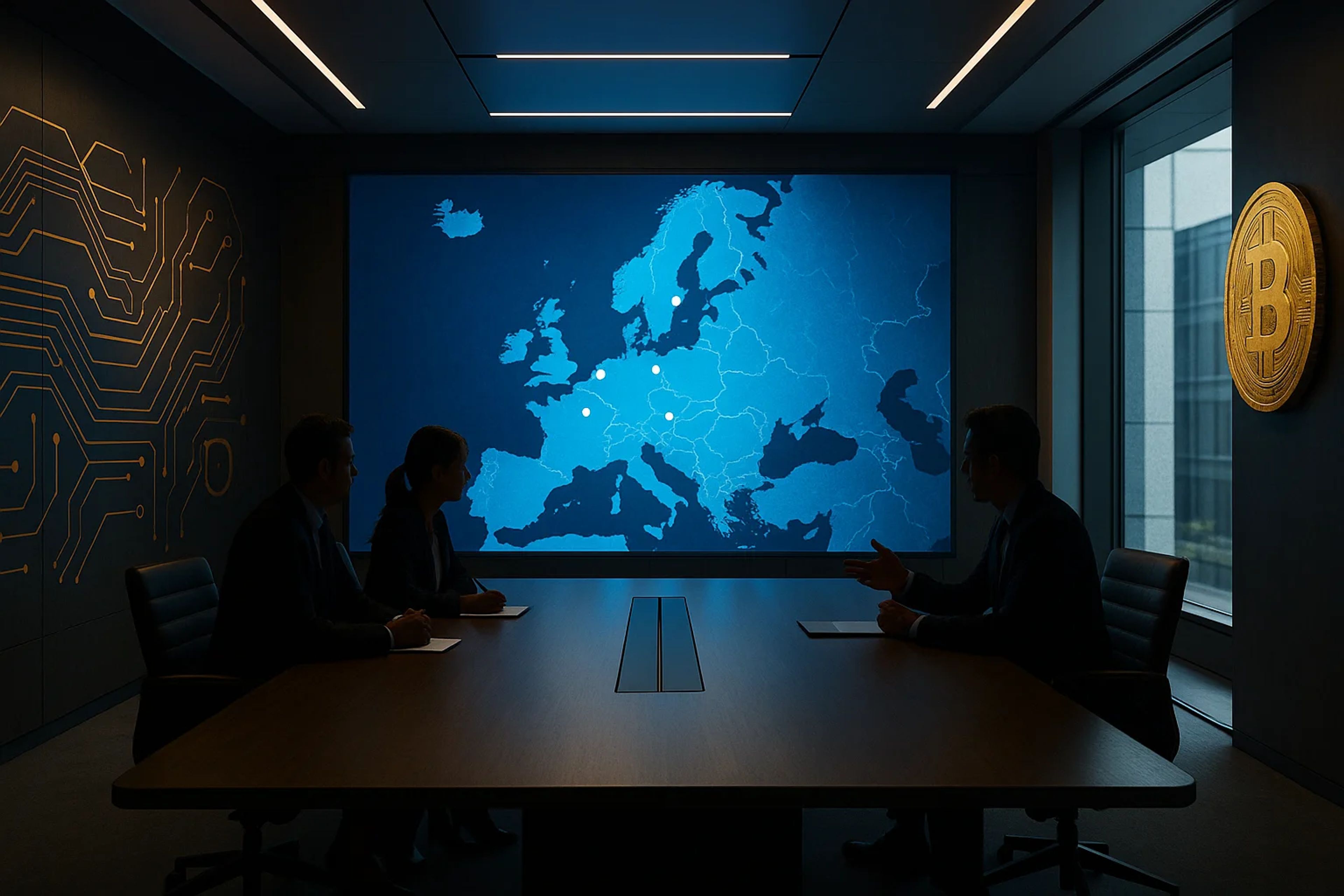 Silhouetted figures in a conference room with a