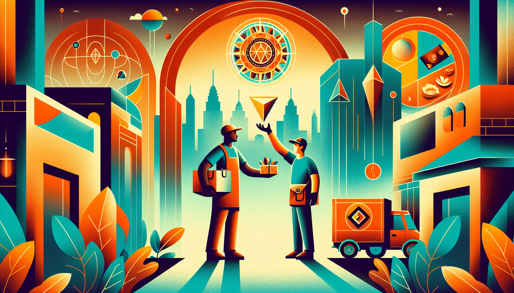 Two figures exchanging a geometric shape in a