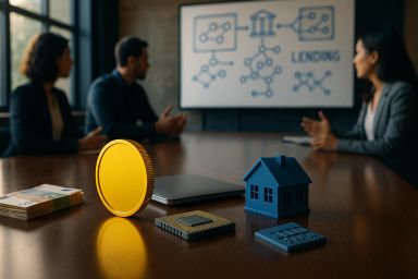 A meeting room with a wooden table, a blue house