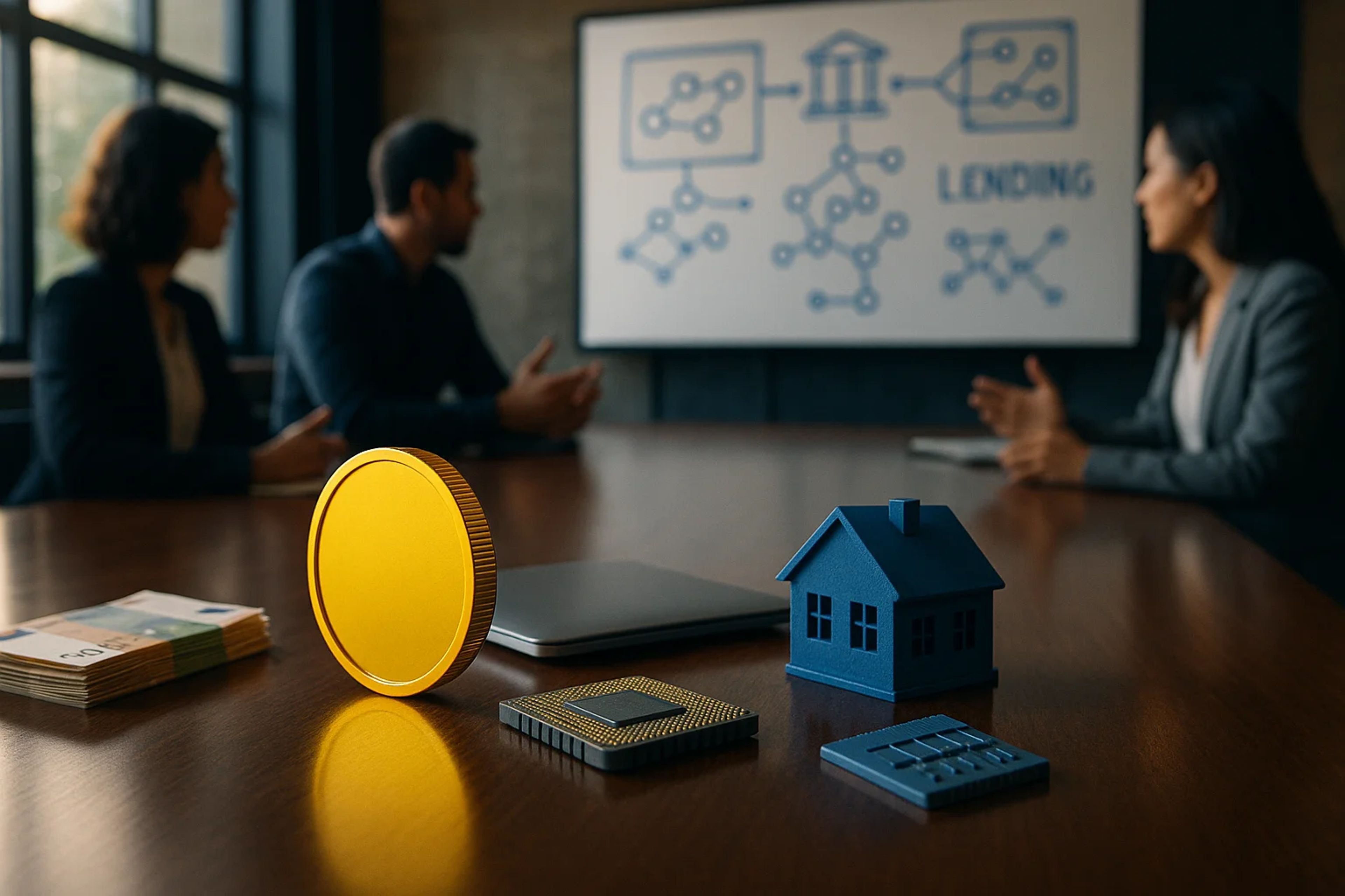 A meeting room with a wooden table, a blue house