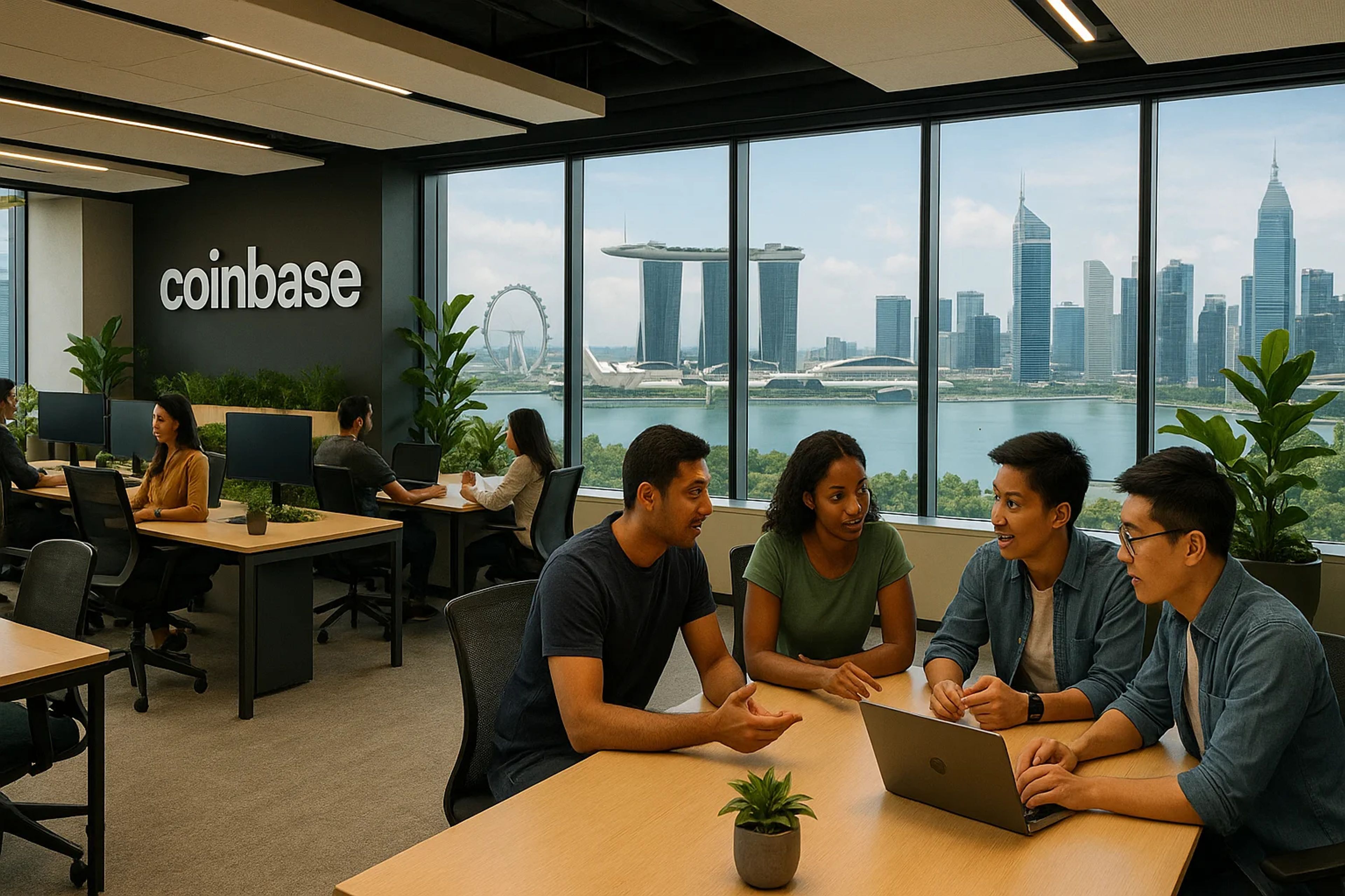 Modern office interior with large windows, city