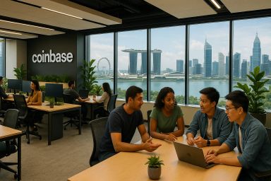 Modern office interior with large windows, city