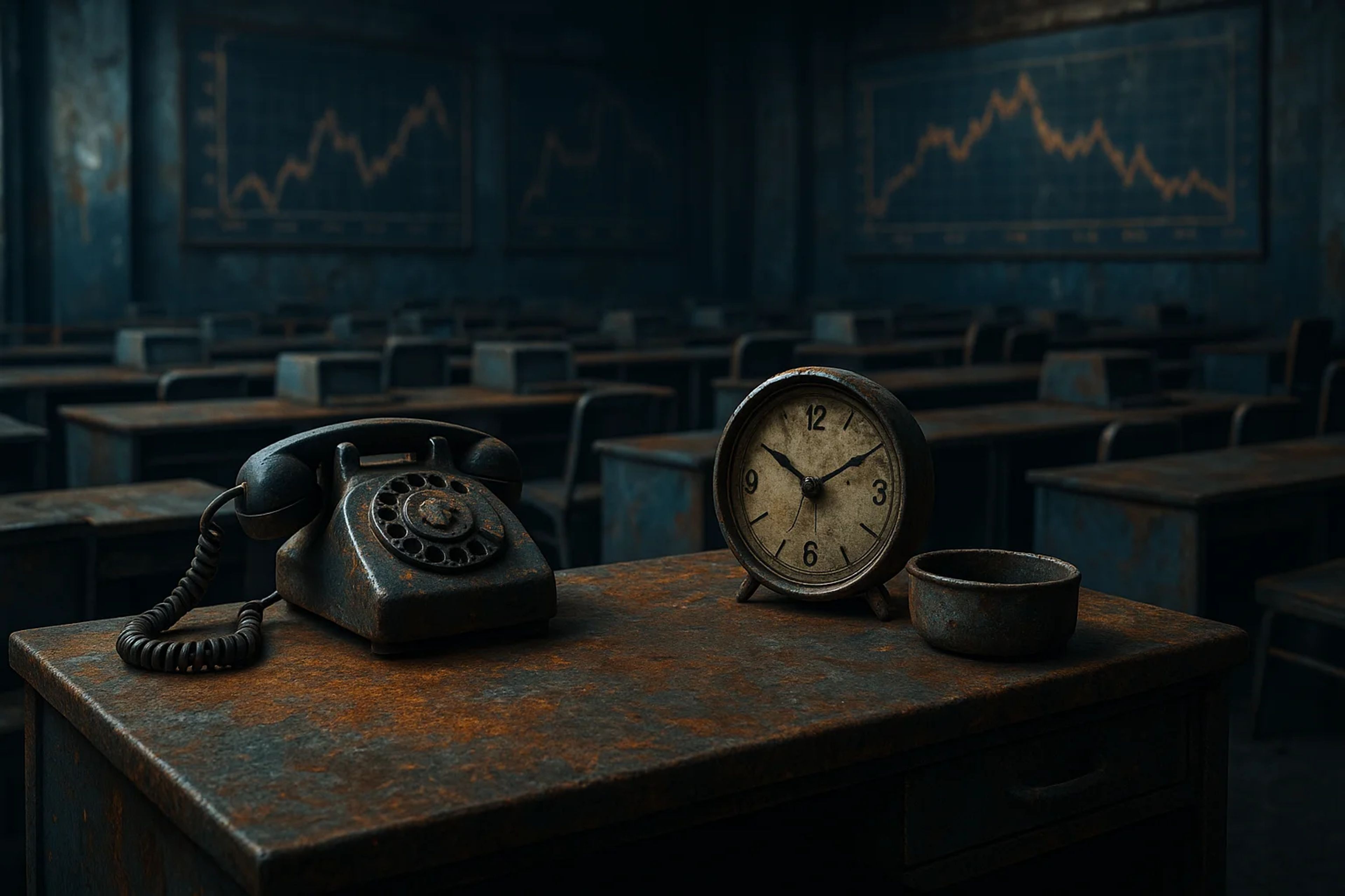 Rusty classroom with old desk, clock, and phone