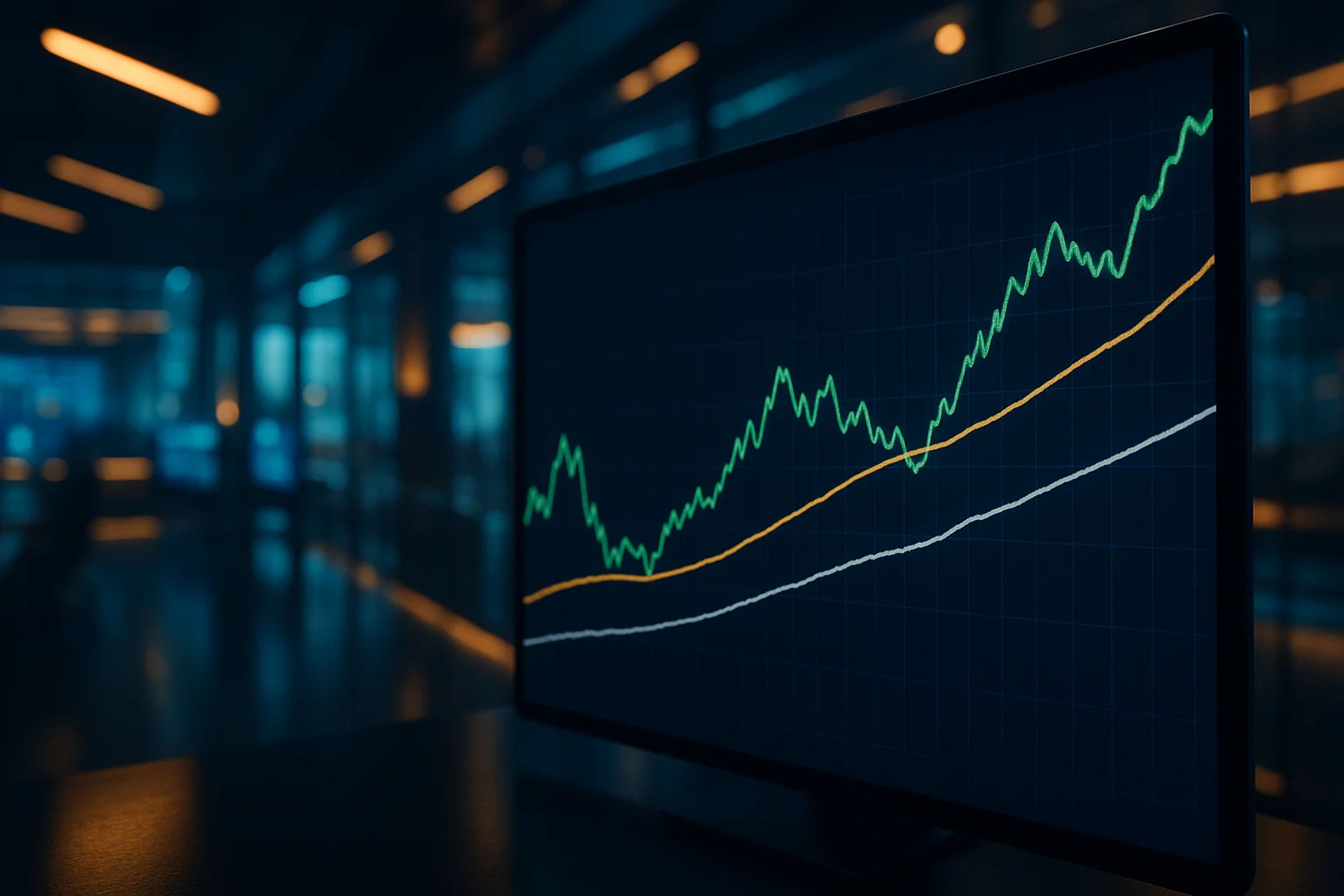 Line graphs displaying upward trends on a screen