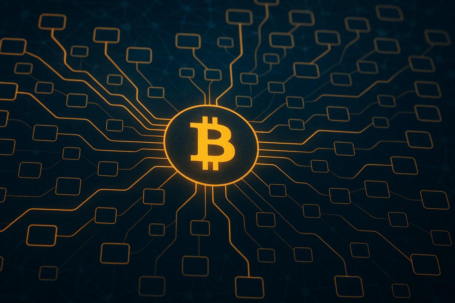 Golden Bitcoin symbol surrounded by network nodes