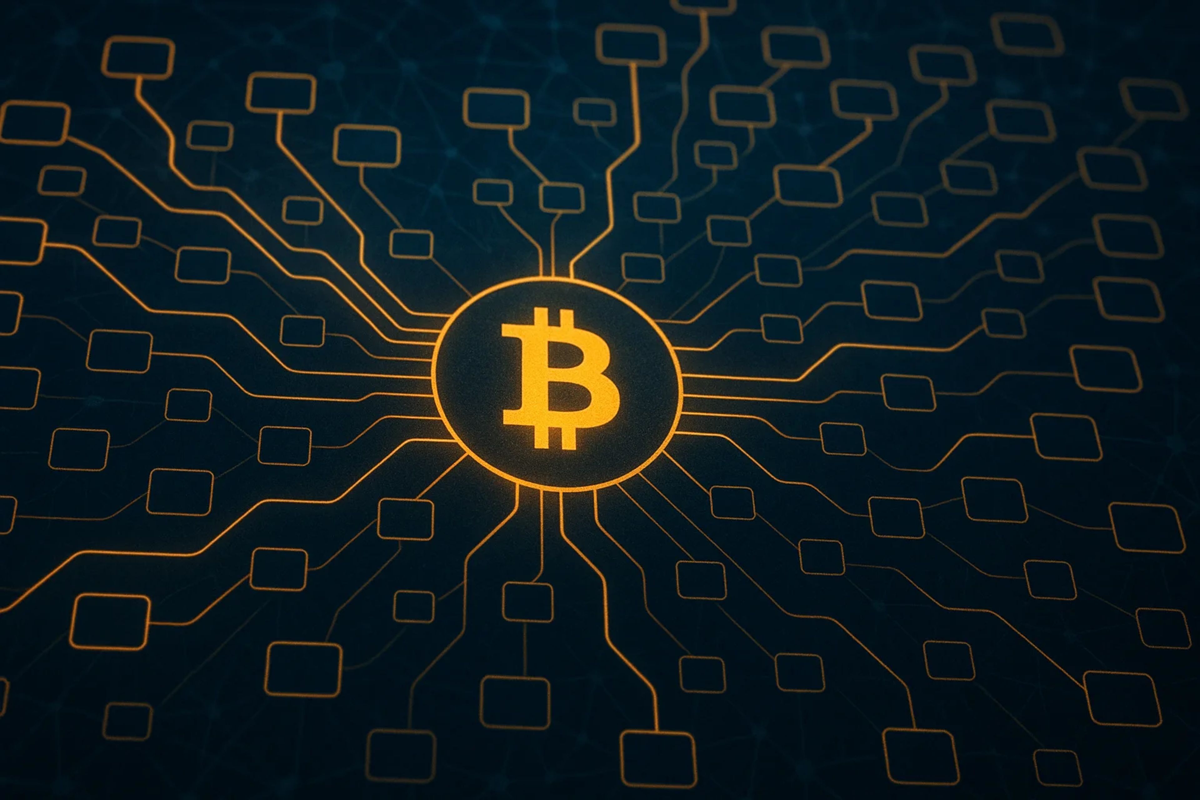 Golden Bitcoin symbol surrounded by network nodes