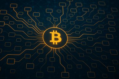 Golden Bitcoin symbol surrounded by network nodes