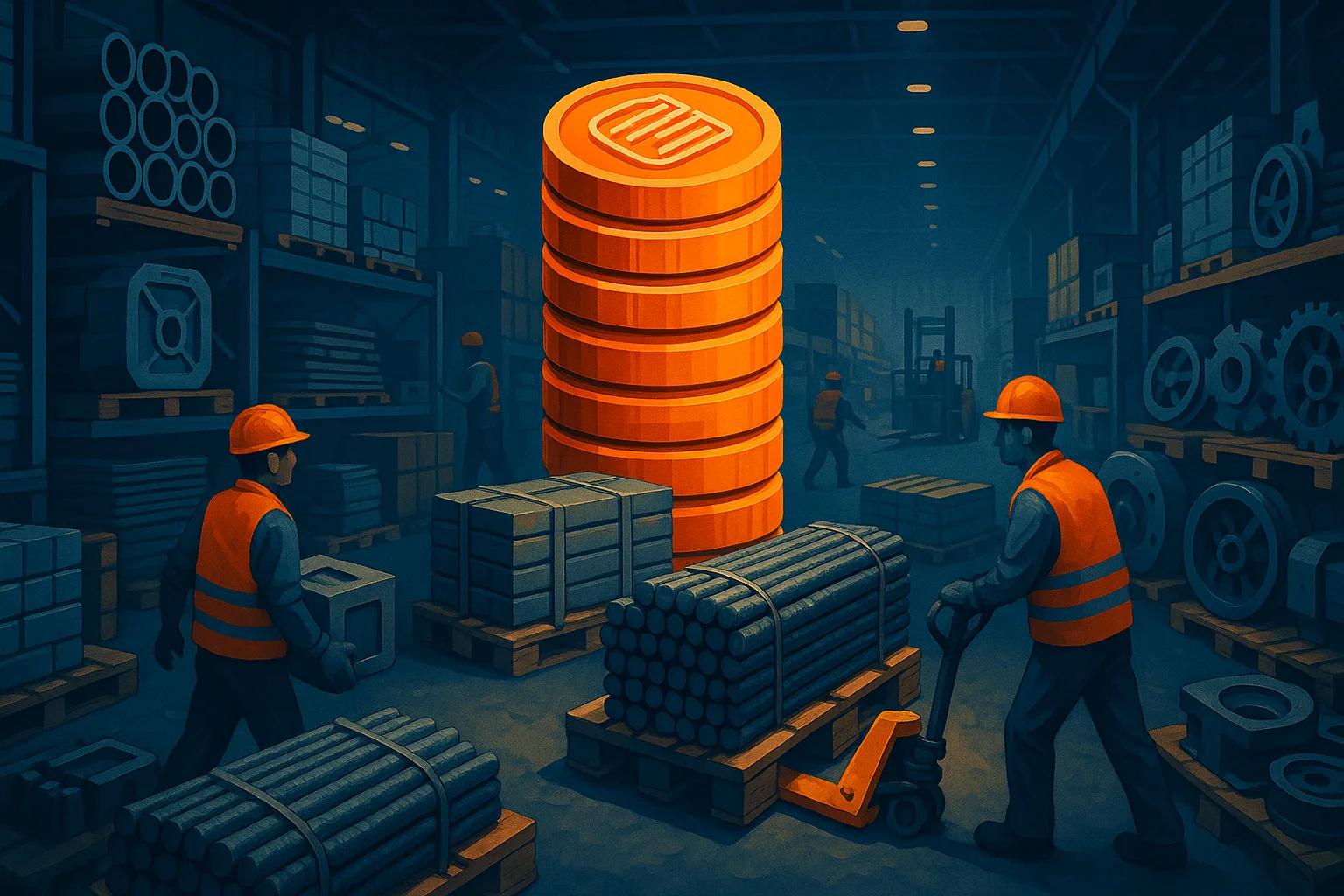 Warehouse scene with workers and stacked materials