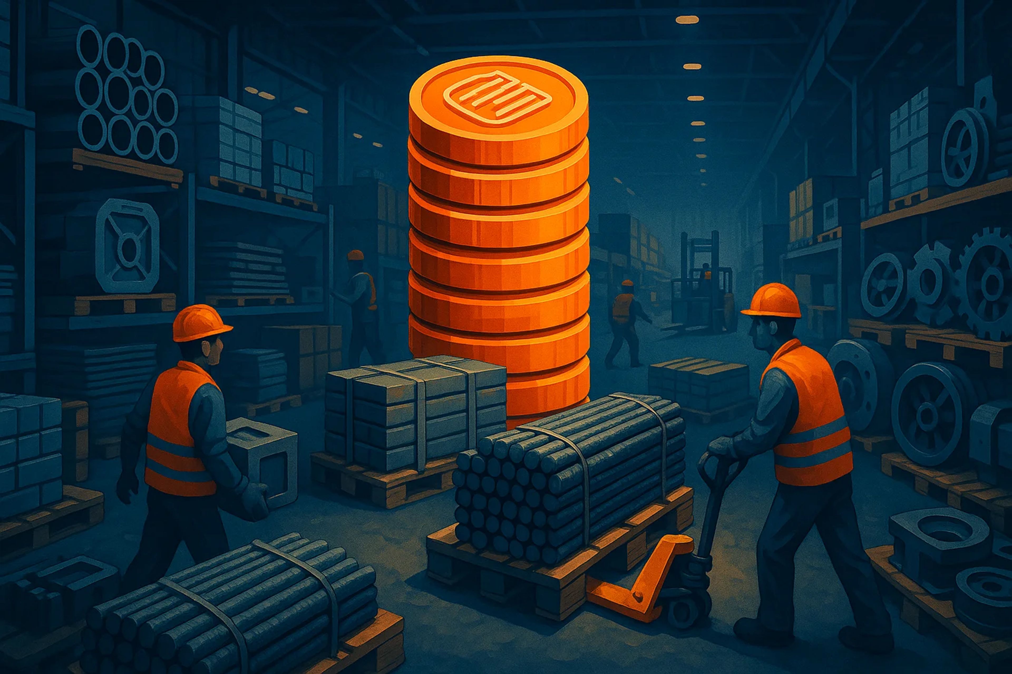 Warehouse scene with workers and stacked materials