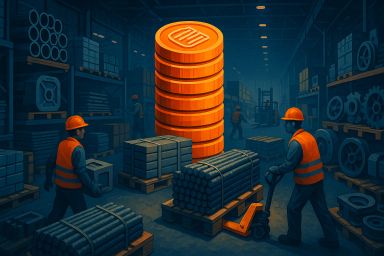 Warehouse scene with workers and stacked materials