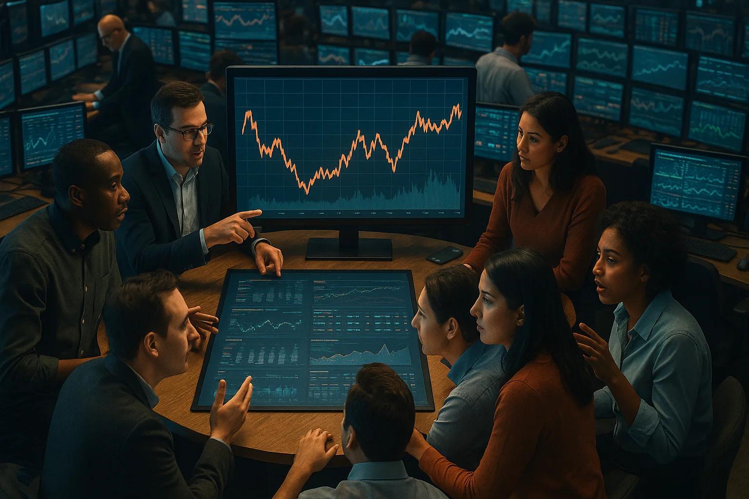 A group of people discussing data around a table