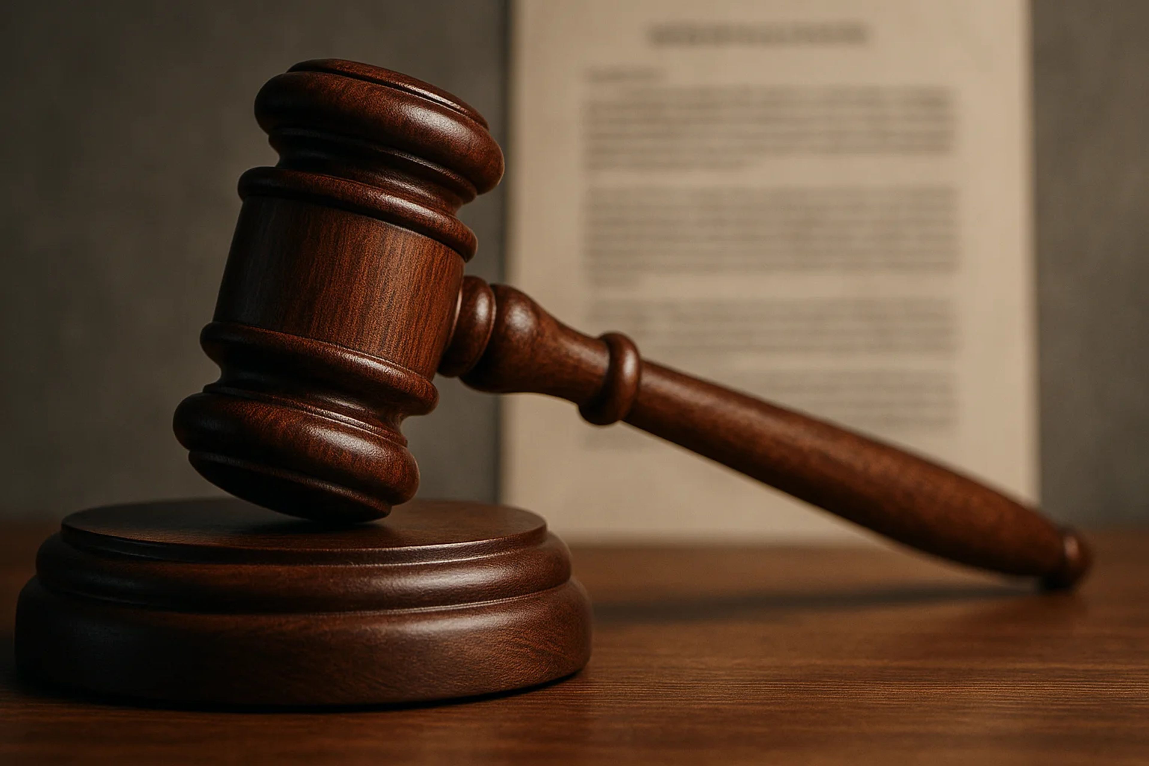 Wooden gavel resting on a circular base