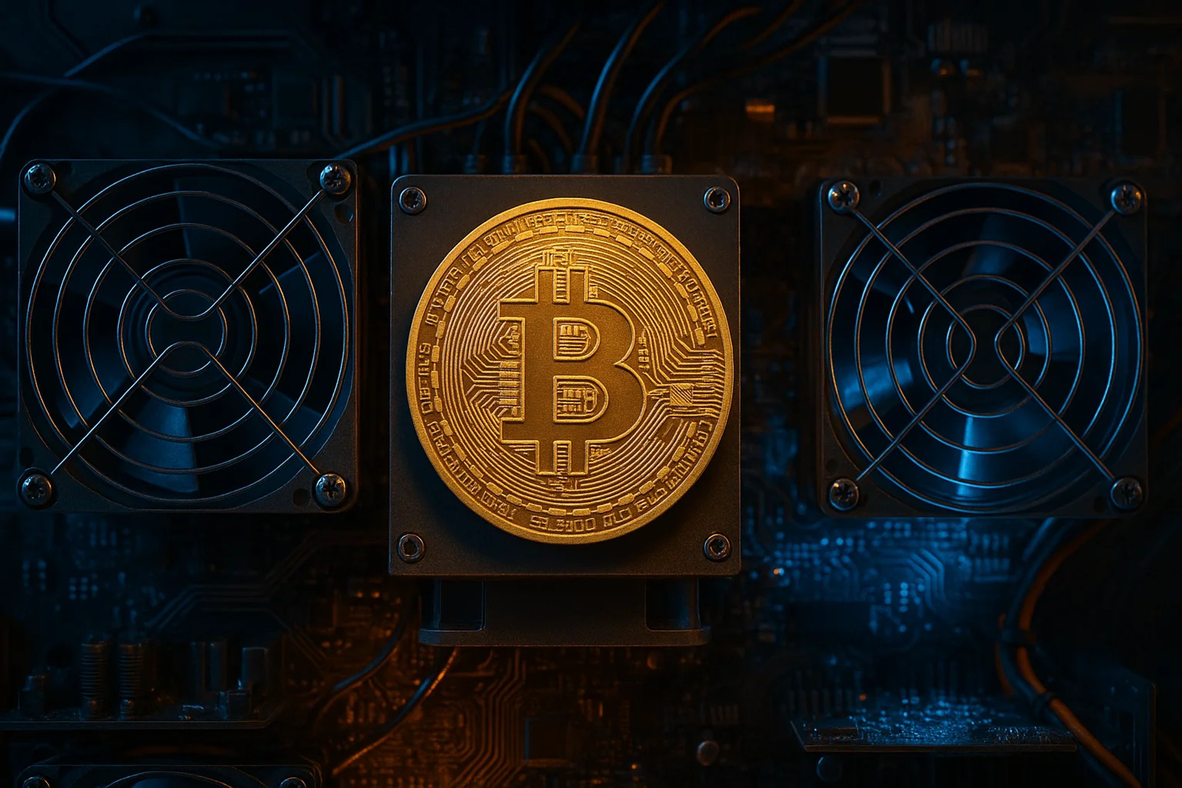 A golden Bitcoin surrounded by cooling fans