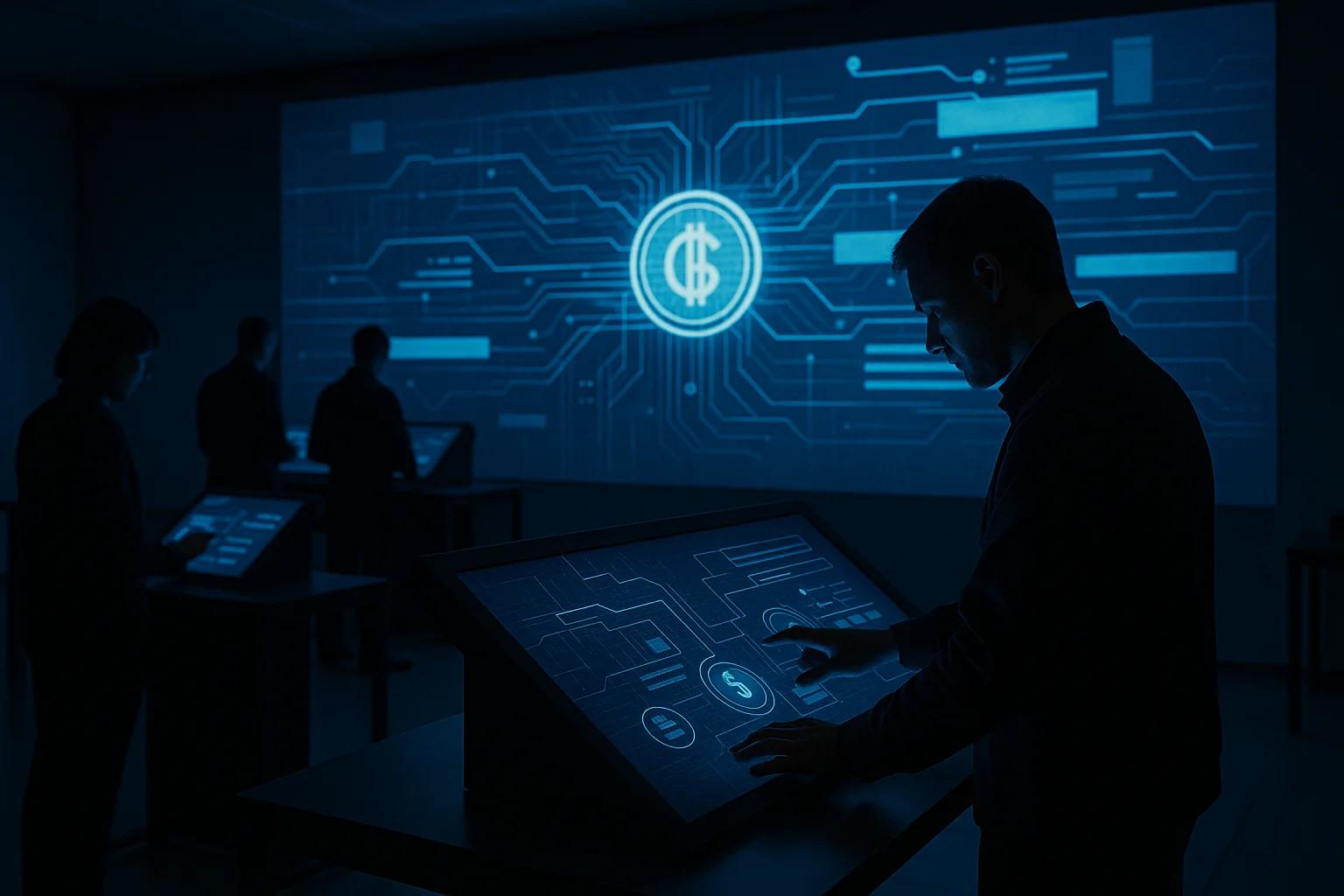 Silhouetted figures interact with digital