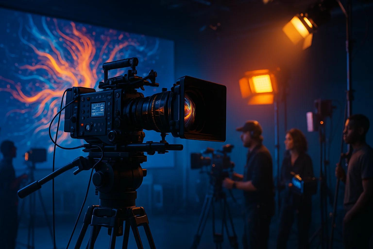 A film camera on a tripod with crew members and