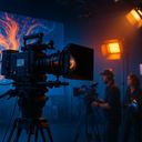 A film camera on a tripod with crew members and
