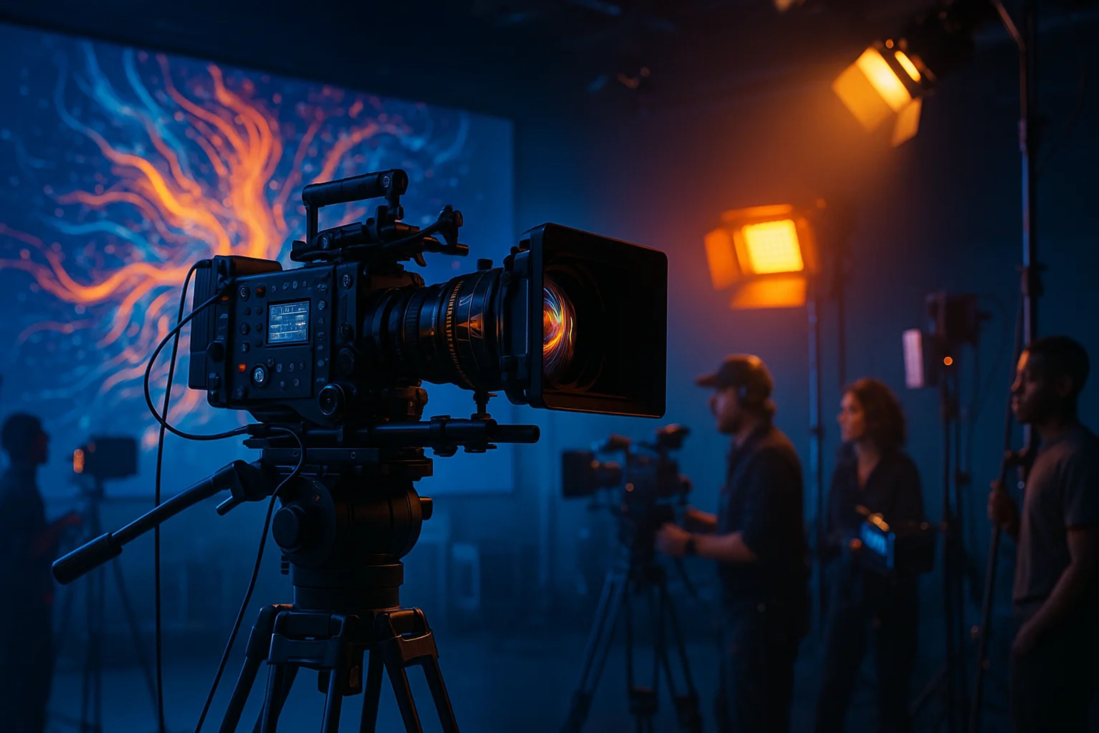 A film camera on a tripod with crew members and