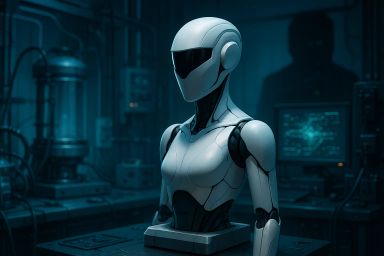 A futuristic humanoid robot torso in a lab setting