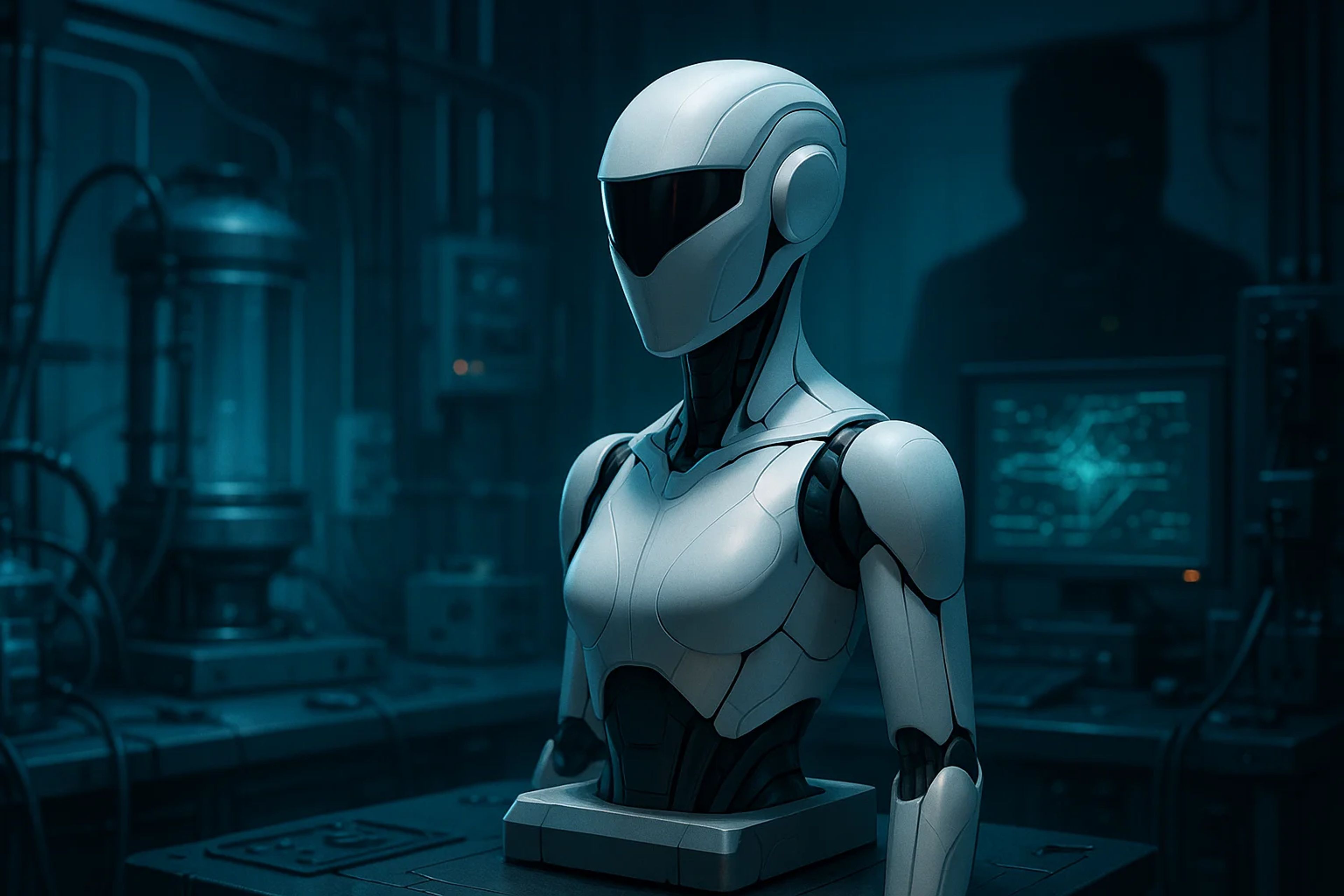 A futuristic humanoid robot torso in a lab setting