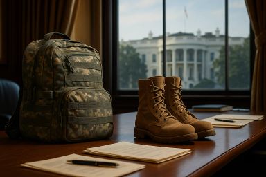 Military backpack and boots on a desk with the