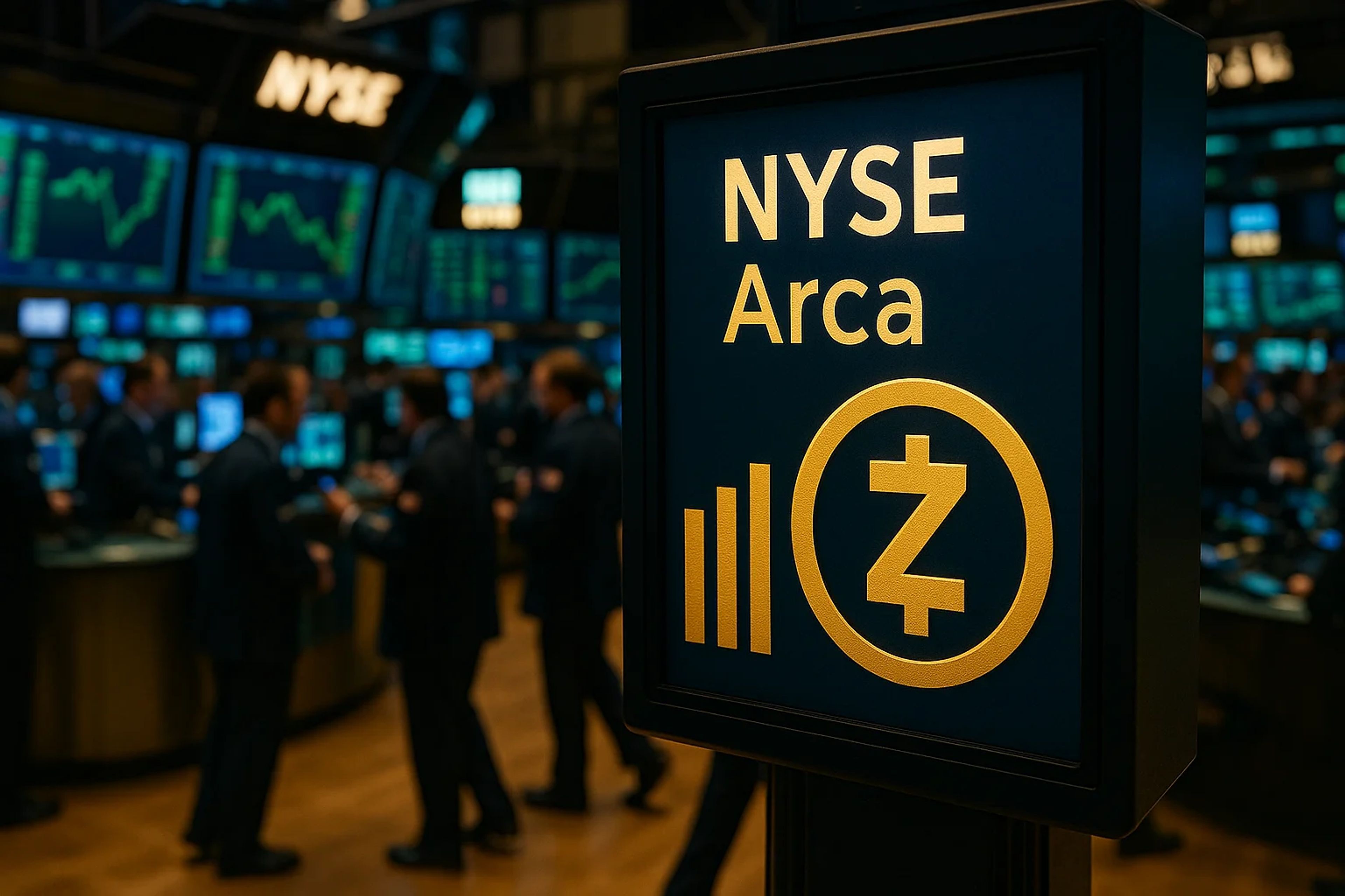 Trading floor with financial displays and figures