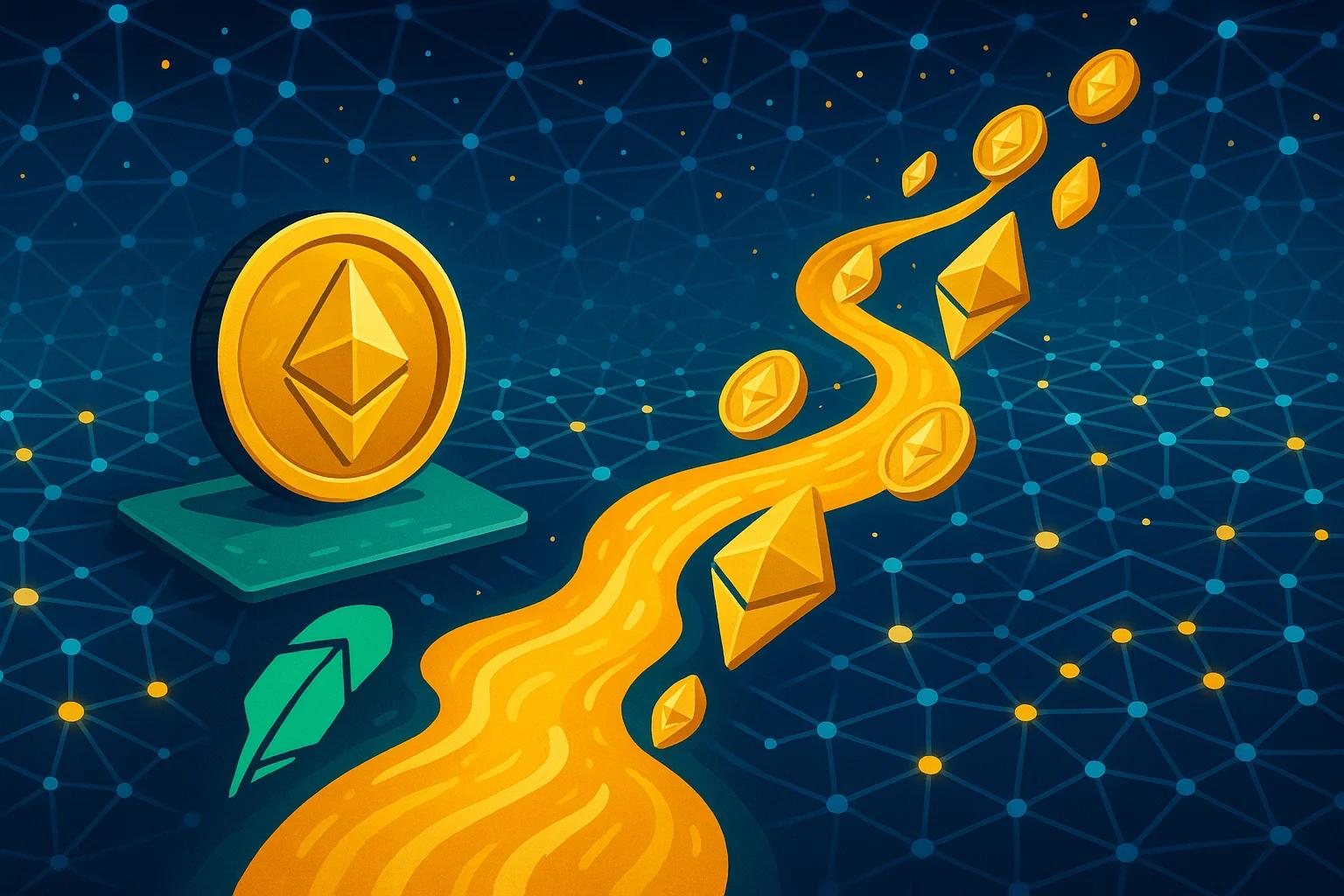 Golden coins and gems flowing through a digital