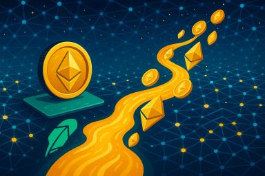 Golden coins and gems flowing through a digital