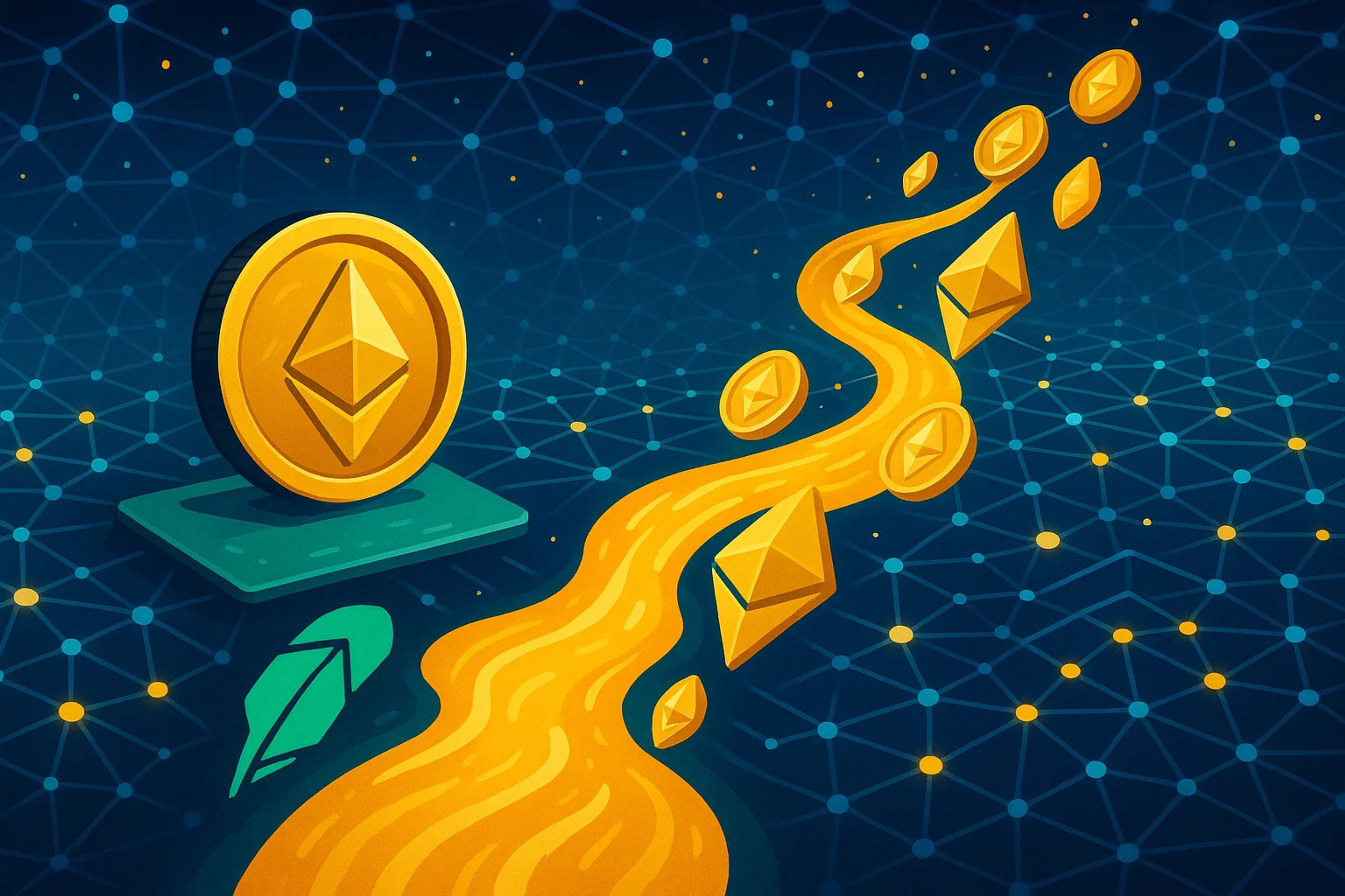 Golden coins and gems flowing through a digital