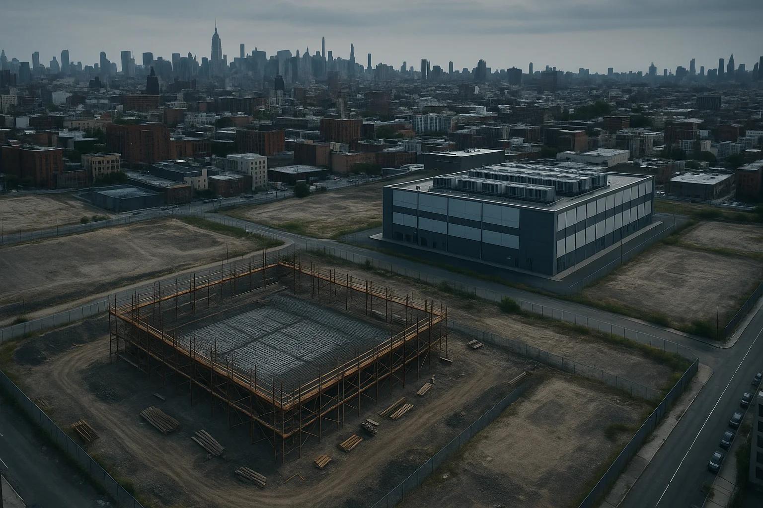 Urban construction site with a skyline backdrop