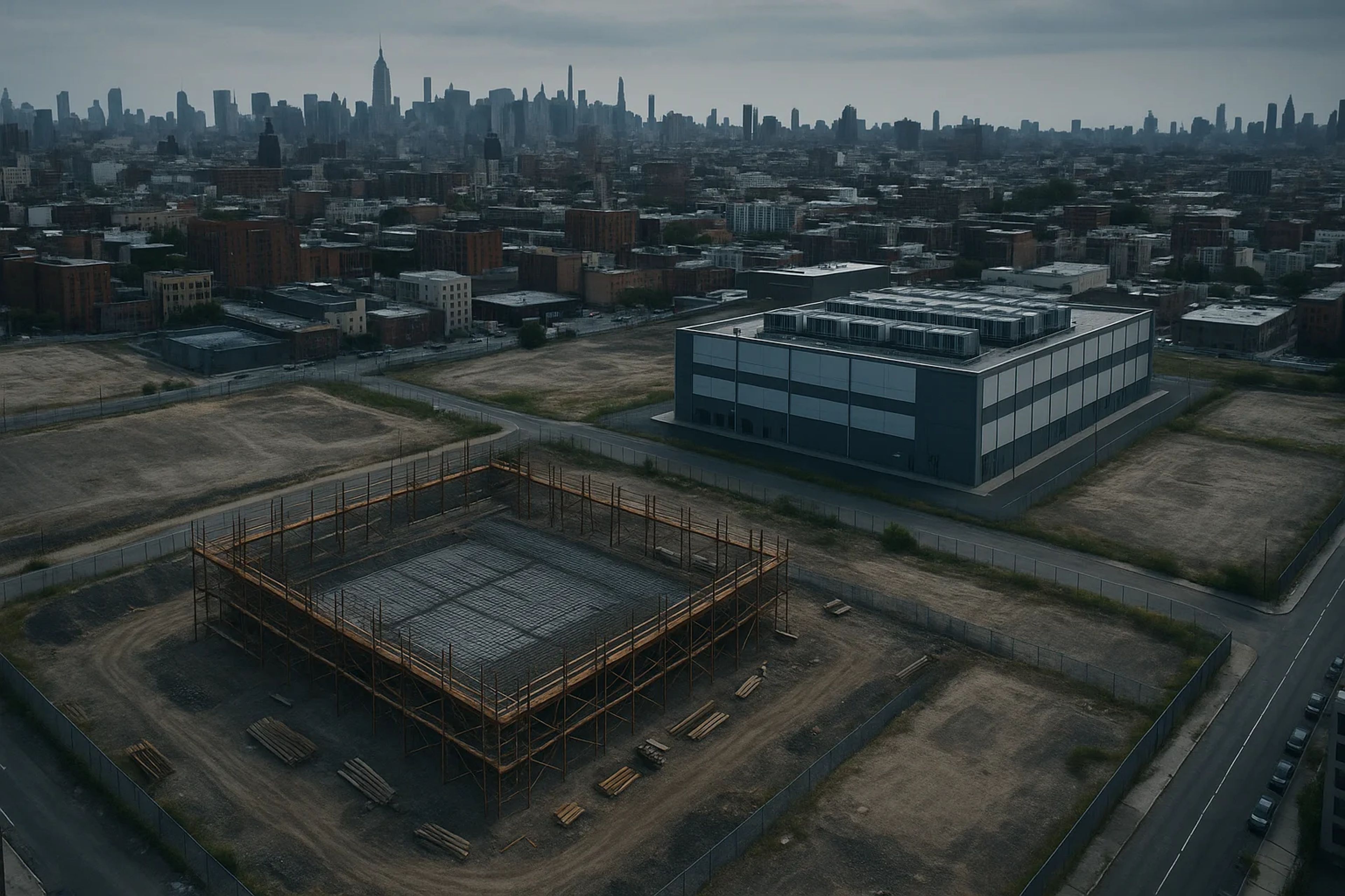 Urban construction site with a skyline backdrop