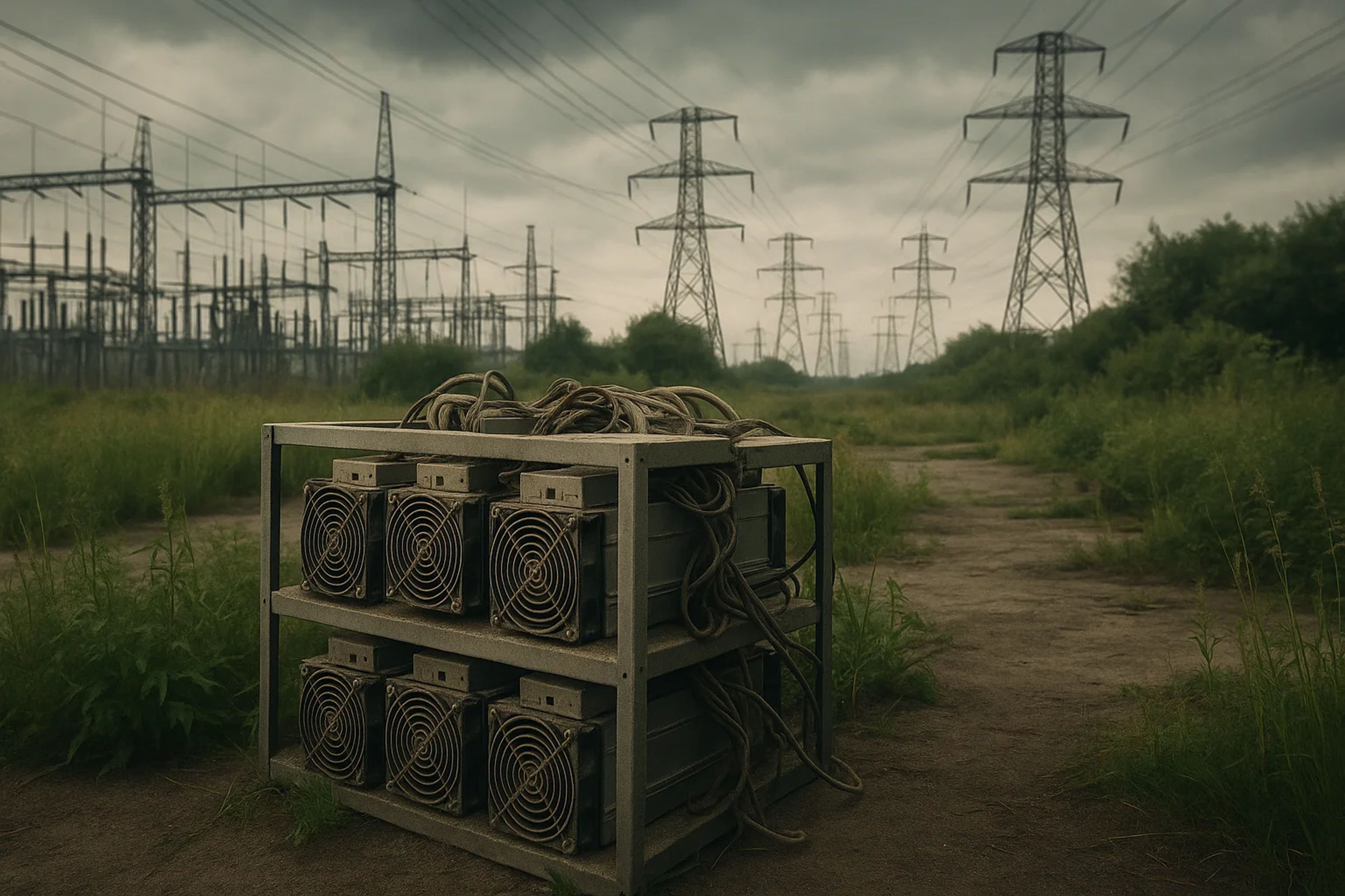 Power equipment on a metal rack in a field