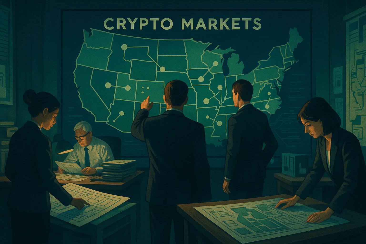 Group of professionals analyzing a map in a dimly